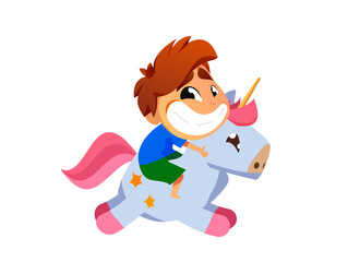 Smiling boy riding adorable baby unicorn on white background