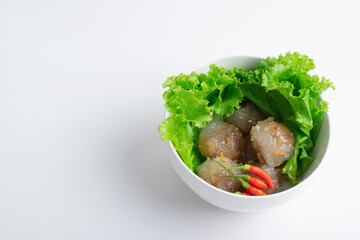 thai food pork sago in white bowl on white background asian style copy space