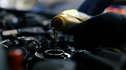 pouring new engine oil into the engine, maintenance in a car service