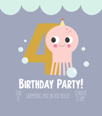 An illustration in a vector. Invitation to the sea party, in cartoon style, on a blue background, with the image of a cute funny pink octopus and the number four.