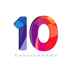 10th anniversary numbers. 10 years old logotype concept. Isolated abstract graphic design template. Creative bright 1 and 0 digits. Stained-glass digits. Up to 10% or -10% off discount, shopping idea.