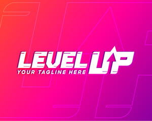 Purple gradient level up logotype. Typography logo design. Creative negative space logo. Flat and minimal logo design. Gaming dynamic logo design.