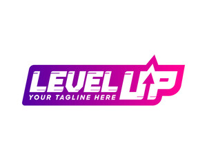 Purple gradient level up logotype. Typography logo design. Creative negative space logo. Flat and minimal logo design. Gaming dynamic logo design.