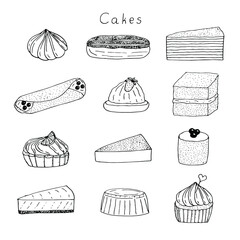 Cakes set vector illustration, hand drawing sketch