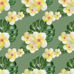Watercolor palm leaves and plumeria pattern. Hand painted tropical frangipani with monstera and palm leaves on green background. Botanical illustration for design, print, fabric, background. Jungle 