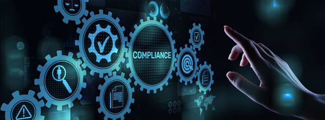 Compliance concept with icons and text. Regulations, law, standards, requirements, audit diagram on virtual screen.