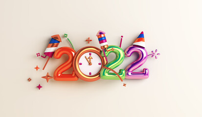 Happy new year 2022 decoration background with firework rocket, clock, 3D rendering illustration
