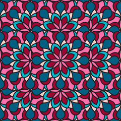 Abstract seamless mandala background. Texture in blue and pink colors. Oriental pattern for design, fashion print, scrapbooking