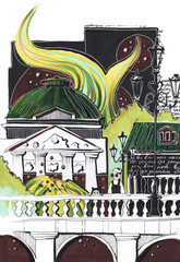 illustration hand drawn urban sketching mystical city europe moscow arena vintage lanterns and domes street