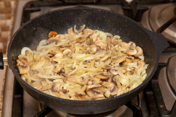 Fried mushrooms champignons with onions