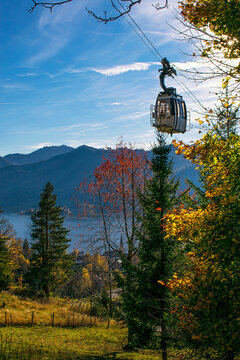 Cable car in the mountain. Lift cabin in the Alps with the sight to Schliersee lake, Bavaria, Germany