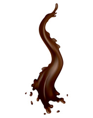Chocolate splashes. Realistic drops or swirl flow on white background.  liquid cacao food, hot drink template. Delicious dark chocolate for confectionery desserts advertisement
