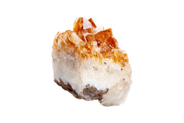 Macro mineral stone Citrine in rock in crystals on a white background