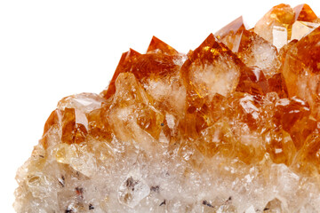Macro mineral stone Citrine in rock in crystals on a white background