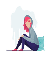 Depressed people. Sad girl sitting on the floor and hugging her knees. Lonely teenager. Symbol of sorrow, sadness and mental disorder. Creative  illustration