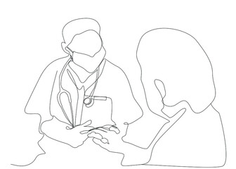 Doctor in masked uniform holding patient's hand and explaining. Sick person coming to visit his doctor and appointment.