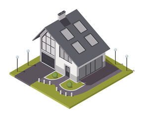 Isometric cottage. Building of private real estate for infographics or game design. Home with area and elements of the landscape design. Infographic element representing suburban building