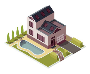 Isometric cottage. Building of private real estate for infographics or game design. Home with area, elements of the landscape design and pool. Infographic element representing suburban building