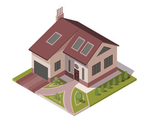 Isometric cottage. Building of private real estate for infographics or game design. Home with area and elements of the landscape design. Infographic element representing suburban building