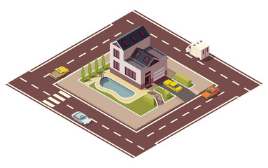 Isometric cottage. Building of private real estate for infographics or game design. Home with road and cars around it. Infographic element representing suburban building