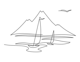 Sailing yachts against the backdrop of mountains. Continuous line drawing. Vector illustration. Isolated on white background