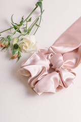 Silk hair clip and flowers. Pink scrunchy. Elastic band for hair. Vertical