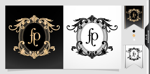 illustration of a FP or PF monogram, coat of arms FP initial letter. graphic name Frames and Border of floral designs, applicable for insignia, wedding couple name, badge label premium design