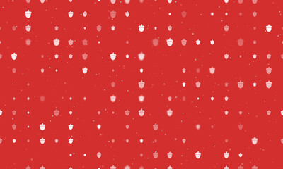 Seamless background pattern of evenly spaced white acorn symbols of different sizes and opacity. Vector illustration on red background with stars
