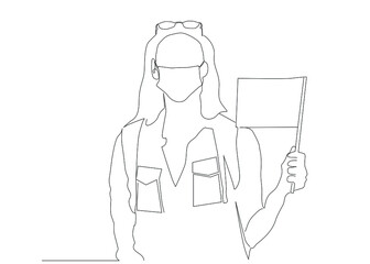 masked female fan holding a flag. a journalist woman on the city street. Activist masked woman protesting and marching in the streets