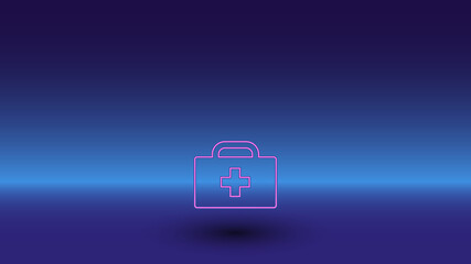 Neon first aid symbol on a gradient blue background. The isolated symbol is located in the bottom center. Gradient blue with light blue skyline