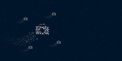 Fototapeta na wymiar A first aid symbol filled with dots flies through the stars leaving a trail behind. Four small symbols around. Empty space for text on the right. Vector illustration on dark blue background with stars