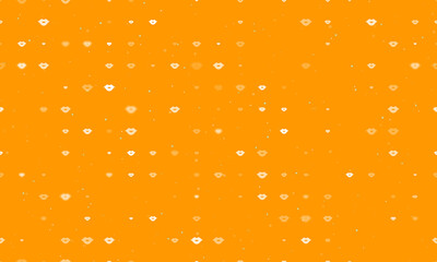 Seamless background pattern of evenly spaced white lips symbols of different sizes and opacity. Vector illustration on orange background with stars