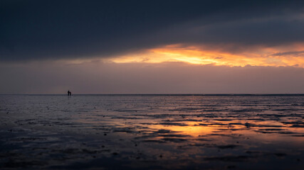 Couple silhouette walking along the Wadden Sea in Buesum during sunset, reflecting in the wet sand, Germany.