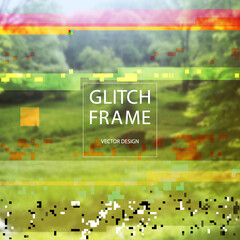 Glitched style design template in front of blurry nature landscape. Random colorful digital signal errors on photo of sea. Trendy computer graphic for poster, postcard, application or music album.