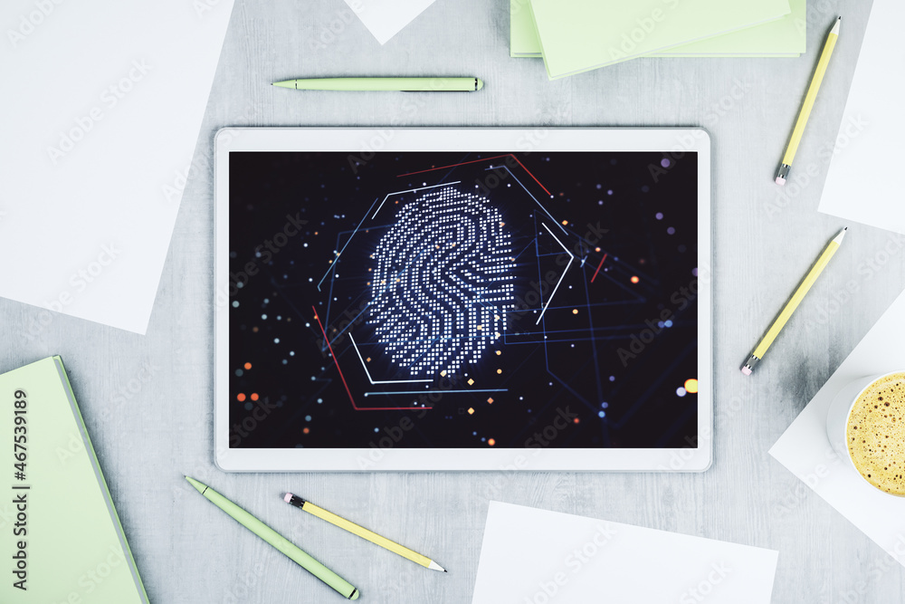 Poster abstract creative fingerprint concept on modern digital tablet screen. top view. 3d rendering