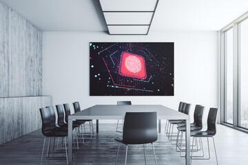 Abstract creative fingerprint hologram on presentation monitor in a modern boardroom, protection of personal information concept. 3D Rendering