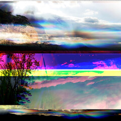 Glitched illustration. Random colorful digital signal errors in front of nature landscape. Trendy...