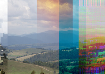 Glitched illustration. Random colorful digital signal errors in front of nature landscape. Trendy...