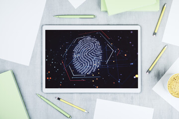 Abstract creative fingerprint concept on modern digital tablet screen. Top view. 3D Rendering