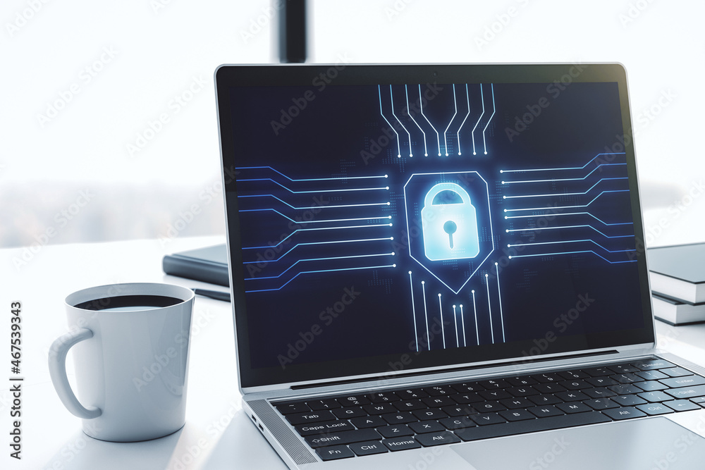 Aufkleber computer monitor with creative light lock illustration and microcircuit, cyber security concept. 3d 