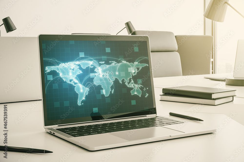 Aufkleber Computer monitor with abstract graphic digital world map with connections, globalization concept. 3D Rendering
