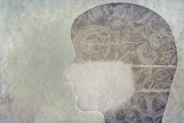 Silhouette of a human head wearing a mask, covid-19 virus, infected, quarantine, gear wheels, transhuman