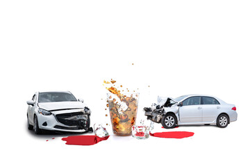 Car damage and alcohol glass with blood drop, Don't Drive Drunk Concept, Drinking Beer or alcohol while Driving a Car,3d rendering