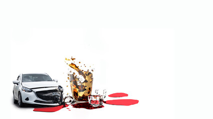 Car damage and alcohol glass with blood drop, Don't Drive Drunk Concept, Drinking Beer or alcohol while Driving a Car,3d rendering - obrazy, fototapety, plakaty