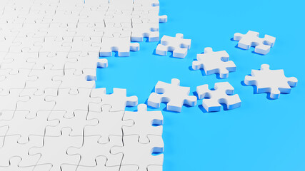 Unfinished white jigsaw puzzle pieces on a blue background,3d rendering