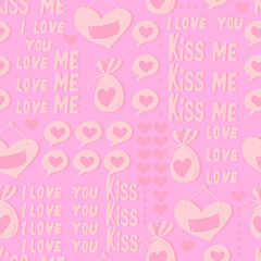 vector seamless pattern of hearts and gifts with congratulations declaration of love on Valentine's Day 14 February. Background for invitations, wallpaper, wrapping paper and scrapbooking