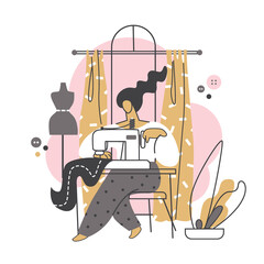 A dressmaker sews clothes on a sewing machine.Sewing Accessories, modern vector flat illustration.