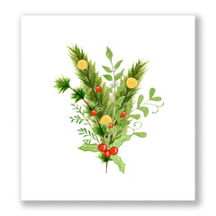 Watercolor bouquet composition with spruce, pine branches. With red berries and orange slices. Postcard for Christmas and New Year. Congratulatory leaflet.