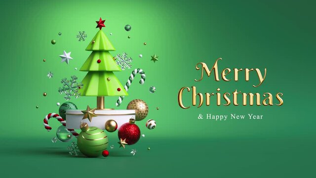 3d endless animation. Merry Christmas greeting card with golden text and decorated fir tree toy, isolated on green background. Festive horizontal banner, animated live image