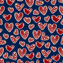 vector seamless pattern of hearts and gifts with congratulations declaration of love on Valentine's Day 14 February. Background for invitations, wallpaper, wrapping paper and scrapbooking